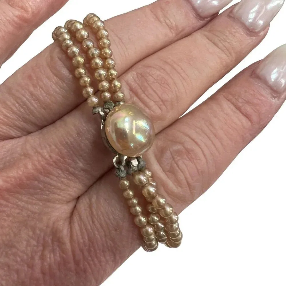 Vintage Faux Pearl 3 Strand Bracelet Made in Japan